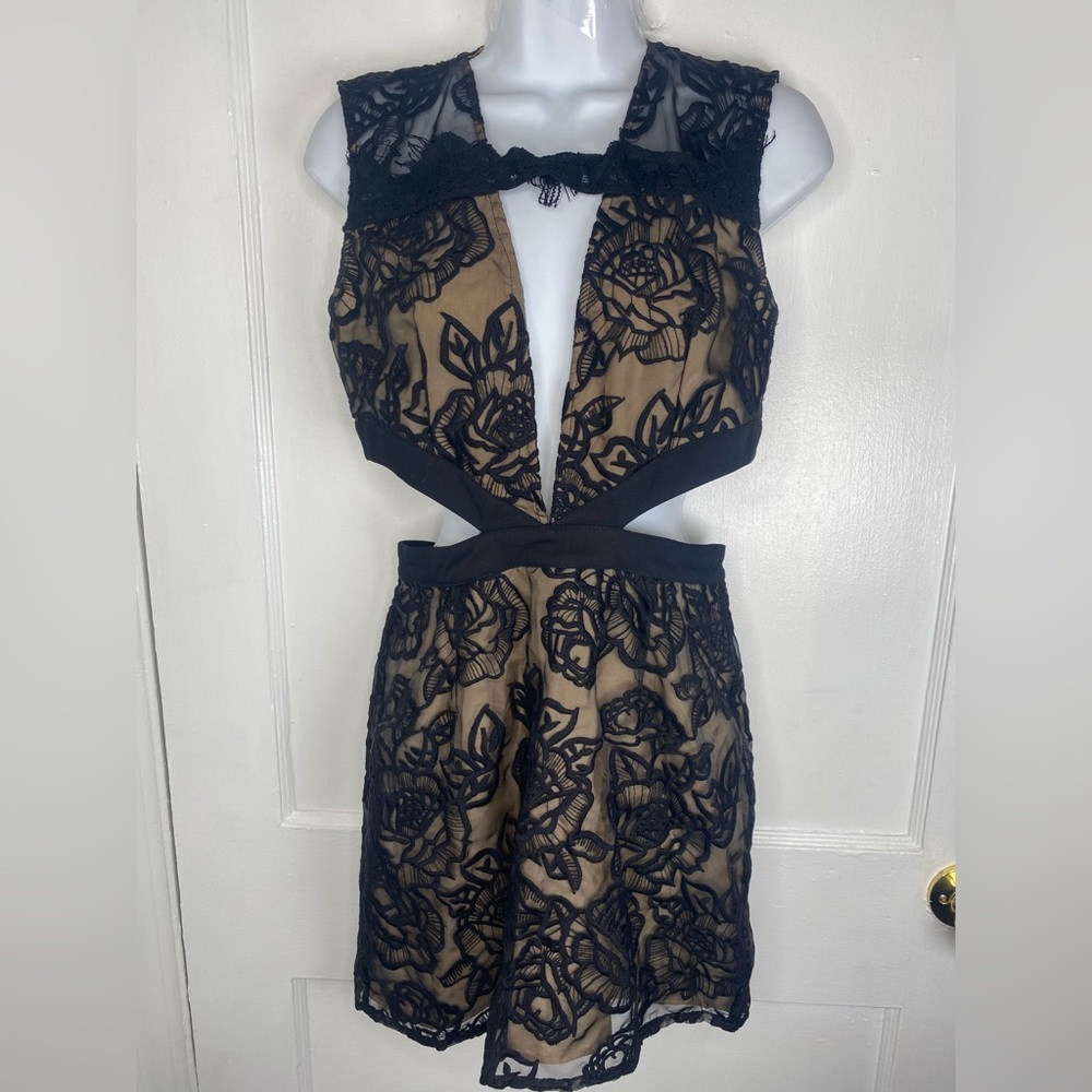 Stylestalker Night Fever Black Lace Mini Dress with Nude Underlay